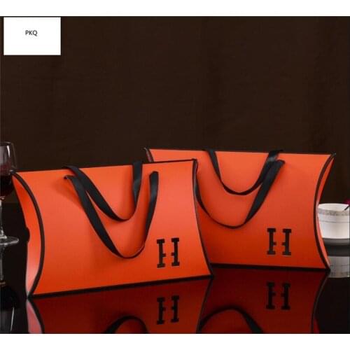 32x20x5.5cm Large orange paper pillow gift cardboard box with ribbon handle Hollow towel scarf paper packaging box