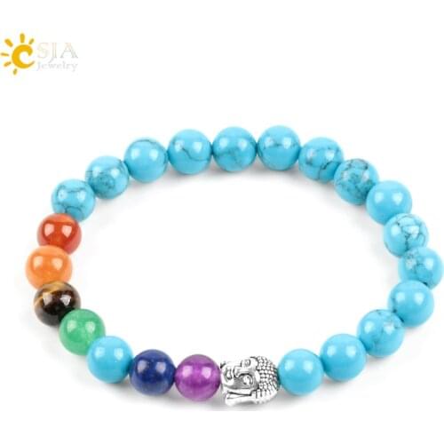 CSJA 7 Chakra Bracelet Meditation 8mm Blue Howlite Round Rainbow Stone Beads for Women Buddha Strand Bracelets Wholesale E331