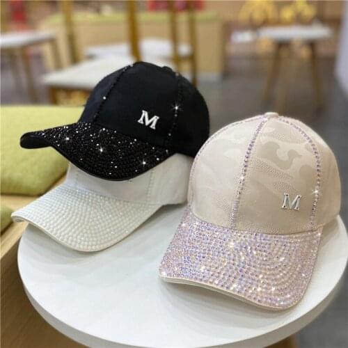 Letter M Women Rhinestone Baseball Cap Pink Breathable Mesh Hat Adjustable Outdoor Sport Black Lady Peaked Summer Sunhat