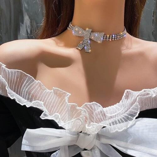 Zeojrlly Women Chokers Necklaces Link Chain Crystal Bowknot Necklace Female Fashion Jewelry For Women