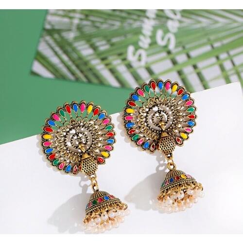Ethnic Big Round Peacock Indian Antique Jhumka Earrings Women Vintage Bohemian Retro Pearl Tassel Bell Tibetan Earrings
