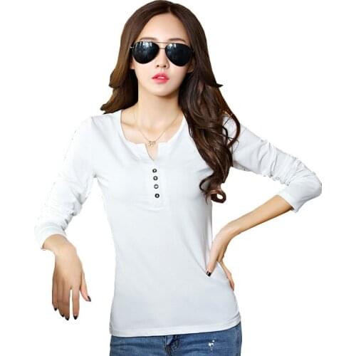 T Shirt femme 2018 new spring T-Shirts Button V-Neck Slim Long Sleeve Womens Clothing Female T-Shirt Women 4xl Plus Size Clothes