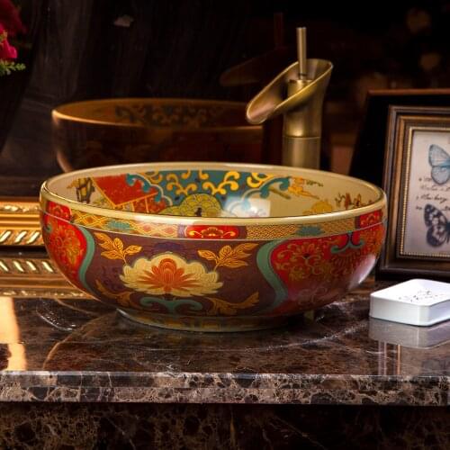 European Retro Style Art Ceramic Bathroom Vessel Sink Hand Wash Basin Bowl for Cloakroom