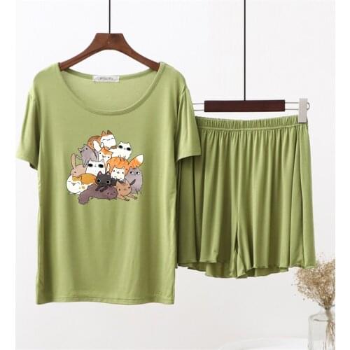 2 Piece Set Modal Women Homewear Girl Cute Cartoon Cats Sleepwear Plus Size Thin Short Sleeve Women Nightwear Summer Pajamas Set