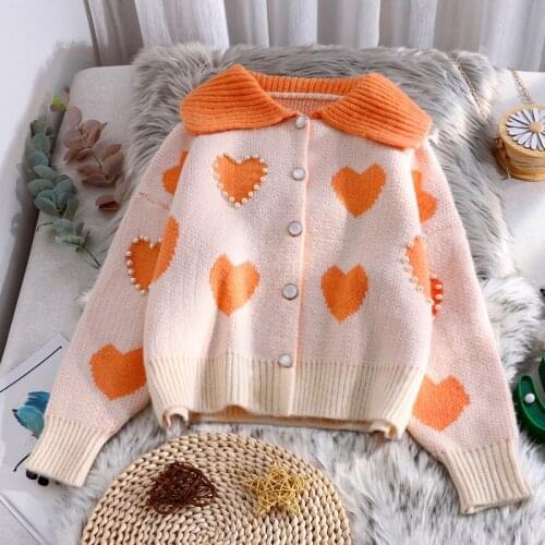 Korean Love Print Cardigan Sweaters Women Autumn Winter Vintage Loose Short Knitted Sweaters Coat Casual Y2k Button Knitwear Top