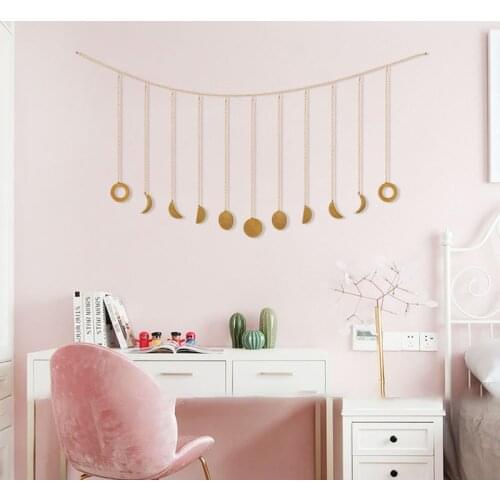 Metal Round Piece Hanging Decoration Modern Living Room Baby Bedroom Sun Moon Shape Chains with Hook Background Wall Decoration