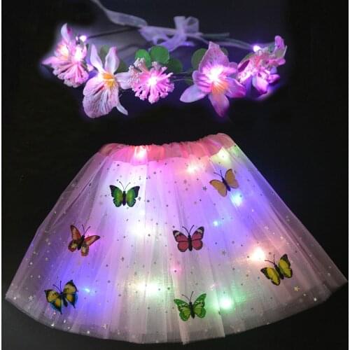 Christmas Flashing LED Tutu Skirt with Light up Flower Wreath Xmas Girls Role-playing Elf Costume Cosplay Fairy Stick 2-8 YEARS