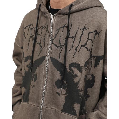 Men Hip Hop Streetwear Hooded Jacket Angel Dark Print Jacket Coat Harajuku Autumn Winter Jacket Outwear Zipper Overcoat Unisex