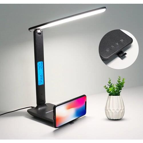 10W LED Desk Lamp with phone Wireless Charger, USB Charging Port, Dimmable Eye-Caring Office Lamp for Work, Folding Design