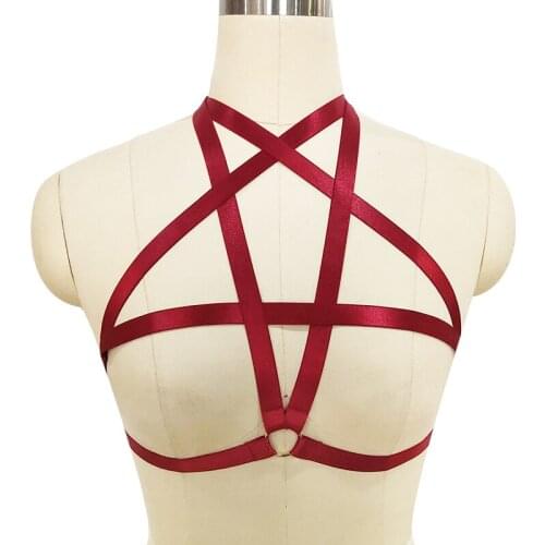 Pastel Goth Red Pentagram Elastic Body Harness Punk Pole Dance Harness Bra Rave Garter Belt for Women Bondage Lingerie Body Cage
