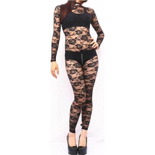 Sexy Ultrathin Tights Zipper Open Crotch Full-Body Jumpsuit Corsets Rose Lace Appeal Clothing Black Long Sleeve Lace Home Wear