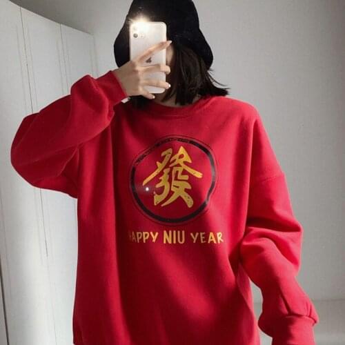 2021 Happy New Year Women Clothing Casual O-Neck Chinese Lunar New Year Blessing Characters Print Pullovers Female Pullovers
