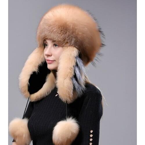Fur Hats Women Winter Warm Fluffy Fox Fur Bomber Hat with 5 Tails Genuine Real Fur Snow Cap Super anticold Stylish Headwear