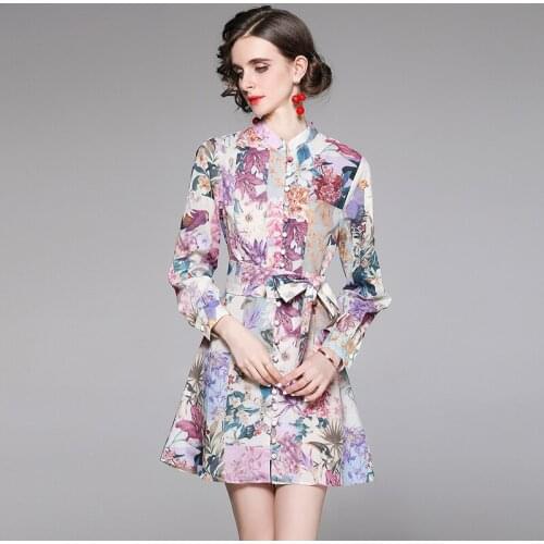 Women Summer Designer Elegant Floral Print Sexy Slim Cocktail Party Robe Female Vintage Long Sleeve Mini Shirt Dress Vestidos