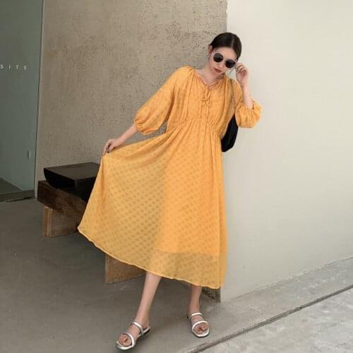 2021 Long Dress Puff Sleeve Drape Beige Midi Dresses Women Summer V Neck Translucent Loose Cozy High Waist