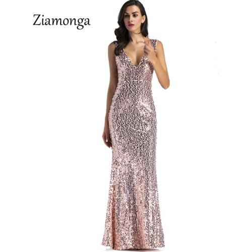 Ziamonga Summer Shiny Gold Sequin V Neck Maxi Dress Backless Maxi Dress Stretchy Floor Length Evening Party Dress Long Vestsidos