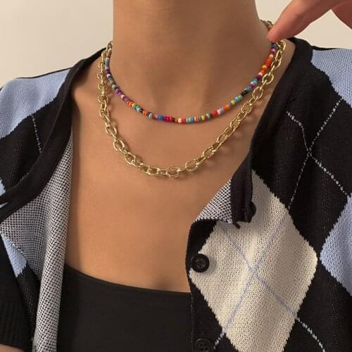 Gold Link Chains Trendy Bead Strand Beaded Choker Necklace For Women Bohemian Colorful Handmade Short Necklace Collar Jewelry