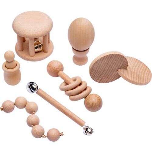 5/7Pc/Set Baby Montessori Toy Set Wooden Teether Music Rattles Graphic Cognition Early Educational Toys
