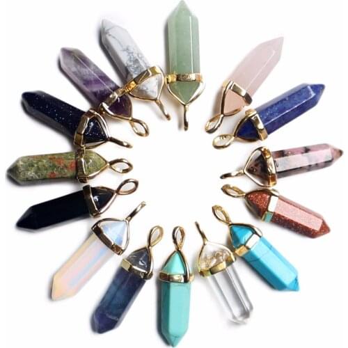 Healing Natural Stone Pendant Bullet Hexagonal Pendulum Quartz Amethysts Lapis Multicolor Chakra Pink Crystal Necklace Pendulo