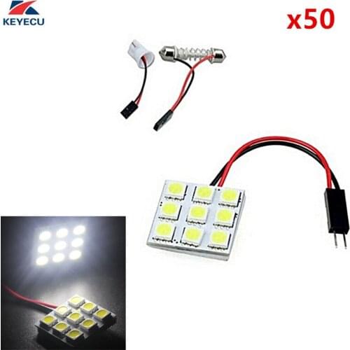 KEYECU 50PCS 12V White 5050 9SMD LED Panel Dome Light Lamp Auto Car Reading Interior Lamp With T10 Festoon Adapters