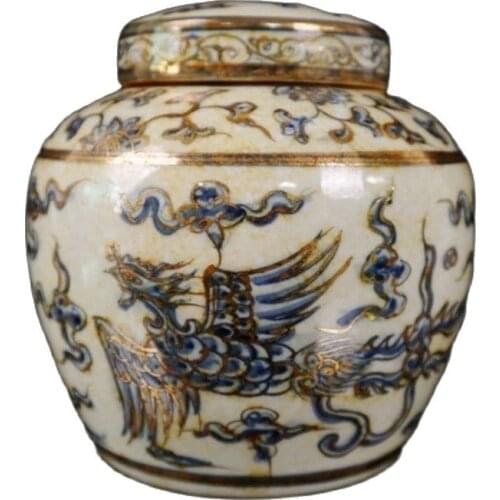 Chinese Old Porcelain Chenghua Gold Painted Blue and White Phoenix Pattern Jar Storage lid Jar