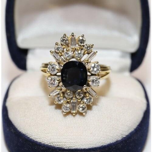 OLD NAVETTE 14K GOLD NATURAL DIAMOND AND SAPPHIRE DECORATED AMAZING STRONG RING