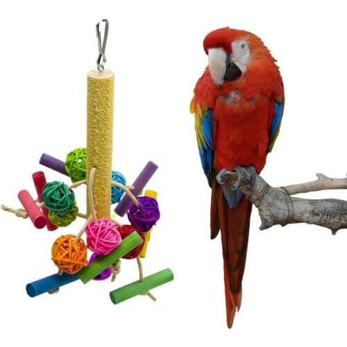 Colorful Bird Bite Toy Natural Wood Blocks Rattan Ball Parrot Chew Hanging Cage Swing Toys Bird Cage Decoration Supplies