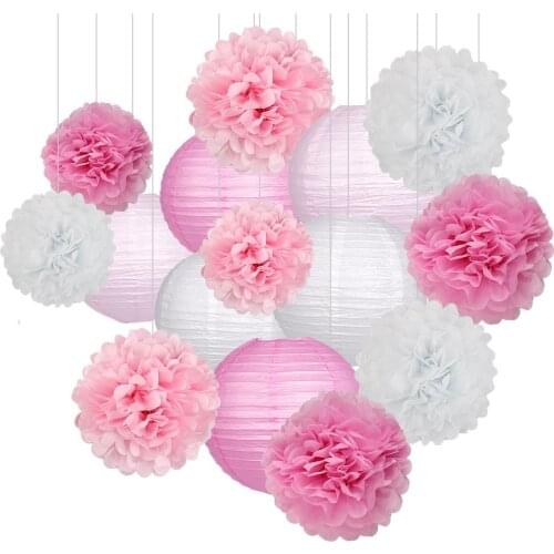 15pcs/Set 8-10inch Light Pink White Round Chinese Paper Lanterns Tissue Paper Flower Balls for Birthday Party Wedding Decoration