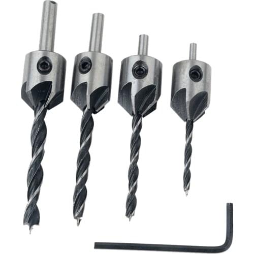 4pcs HCS 5 Flute Drill Bit Wood Countersink Drill Set Carpentry Reamer Woodworking Chamfer End Milling Wood Tool 3mm-6mm