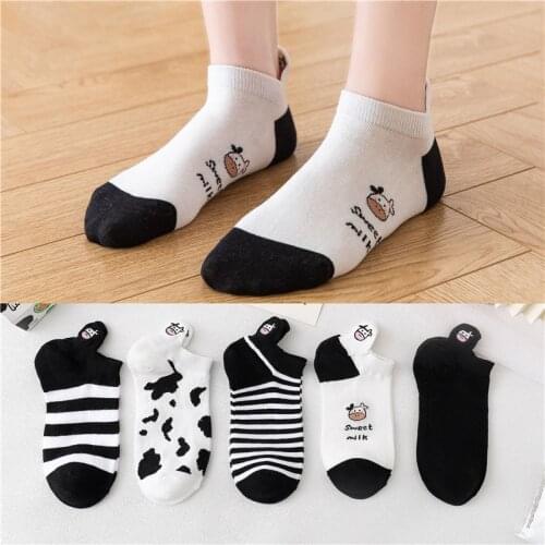 Black and white jacquard milk womens socks shallow mouth boat socks summer thin style Korean cartoon cow cute pure cotton indie