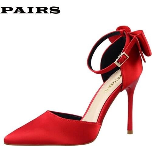 New Sweet Beauty Shoes Stiletto High Heel Shallow Mouth Female Sandals Pointed Silk Satin Hollow Bow One Word with Sandals 35-43
