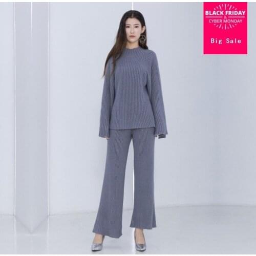 2020 autumn winter Woolen Knitted warm Suit high collar Knit Sweater + Mink Cashmere split pants Leisure 2 pieces sets wq197