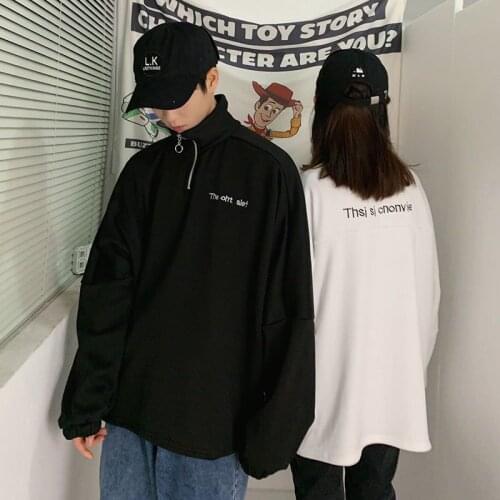 High collar half zipper sweatshirt men women plus velvet Korean trend Hong Kong style top loose punk oversize long-sleeved shirt