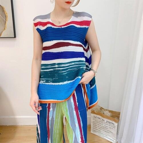 TVVOVVIN 2021 Summer Fashion Pleated Two Piece Set Printed Loose Sleeveless Tops Women Split Wide Leg Pants 3ML8