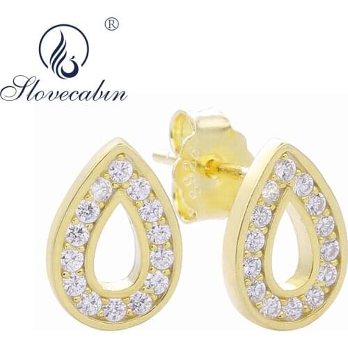 Slovecabin 925 Sterling Silver Drop Water Stud Earring Gols Luxury Women Crystal Zircon CA Piercing Speicial Fashion Jewelry