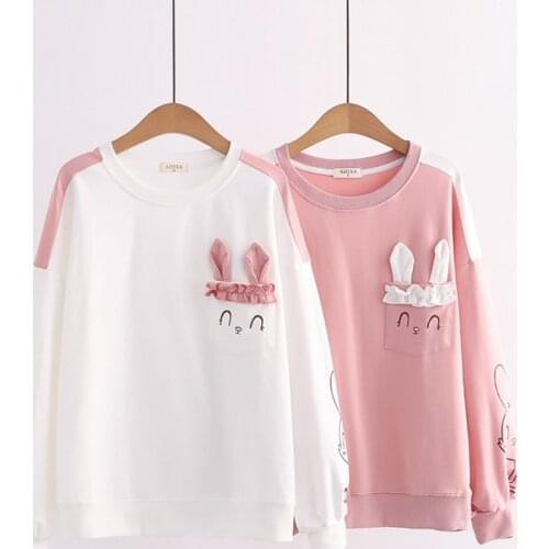 Spring Autumn Sweet Rabbit Cartoon Pockets Printed Sweatshirt Women Loose Casual Sweet O-neck Female Mori Girl Pullovers U267