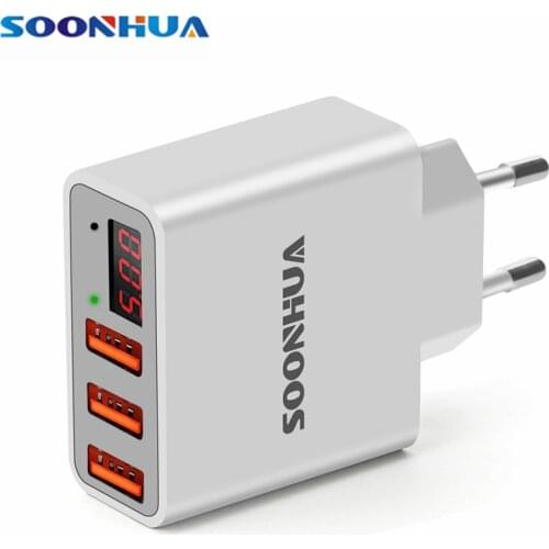 SOONHUA 3 USB Charger Universal Mobile Phone Charger 5V/3.4A Fast Charging Travel Wall Charger LED Display For iPhone Xiaomi