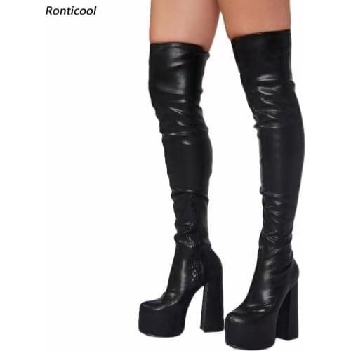 Ronticool New Women Winter Platform Thigh Boots Flexible Side Zipper Hoof Heel Round Toe Black Party Shoes Women Us Size 5-15