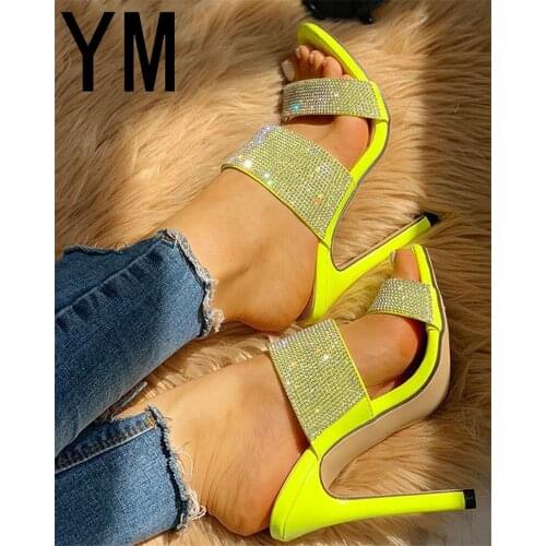 2020 Woman Party Wedding Pumps Slides Sexy Yellow Crystal Sandals Women Summer Stiletto Heel Gladiator Shoes Plus Size 36-41