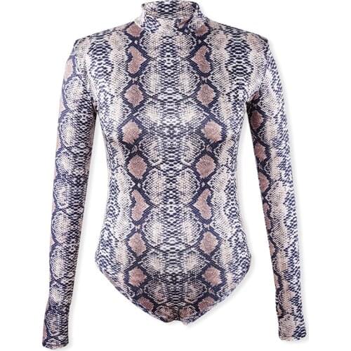 Fashion Sexy Snake Print Bodysuit Women Romper Long Sleeve Summer Slim High Streetwear Ladies Turtleneck Playsuit Body suit