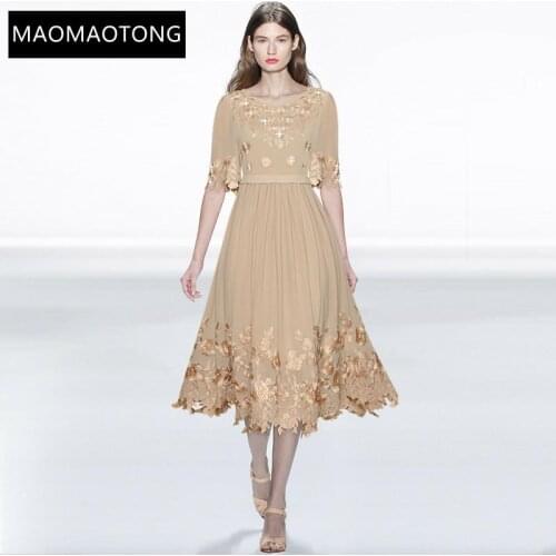 Fashion Designer dress Summer Womens Dress Short sleeve Beading embroidered Chiffon Vintage Party Dress