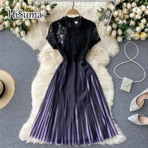 2021 summer new women O-neck embroidered lace with chiffon A-line dress female Chic elegant waist pleating party dresses