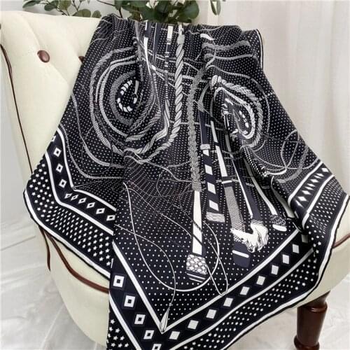 100% Silk Scarf Wraps Shawl Classic Black Print Women Fashion Hijab Head Scarves 88*88cm
