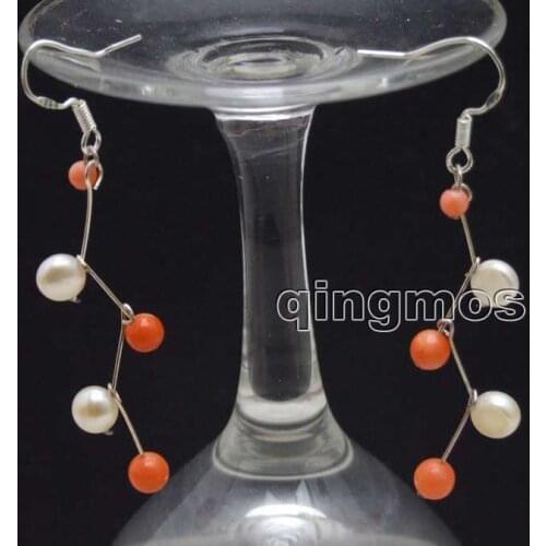 5-6mm Pink Flat Round side drilled Natural FW pearl and 3-6mm Pink Coral Dangle 2'' Earring-ear622 wholesale/retail Free ship