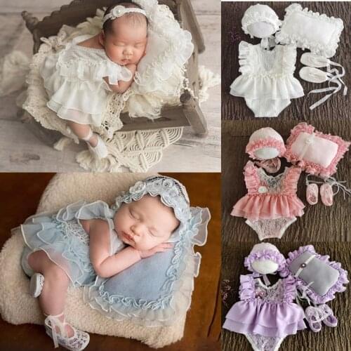 5 Pcs Newborn Baby Photography Props Baby Outfits Baby Romper Jumpsuit Infant Shoes Cotton Baby Hat Set Baby Photo Shoot Costume