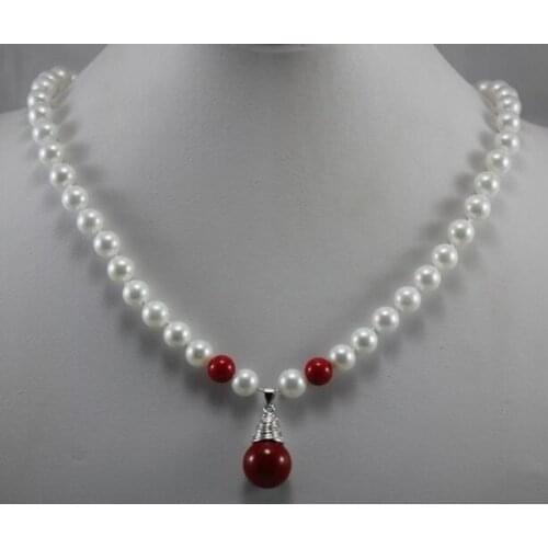 Free shipping 1row Hot Jewelry white 8mm shell pearl red Jade Pendant Necklace 45cm
