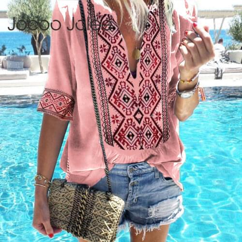 Jocoo Jolee Women Boho Half Sleeve V Neck Loose Blouse Vintgae Indie Folk Style Summer Shirt Beach Travel Tops Plus Size
