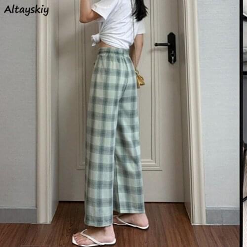 Casual Pants Women Plaid Ankle-length Wide Leg Loose Simple Ins Leisure Students Spring Summer High Waist Harajuku Female Retro