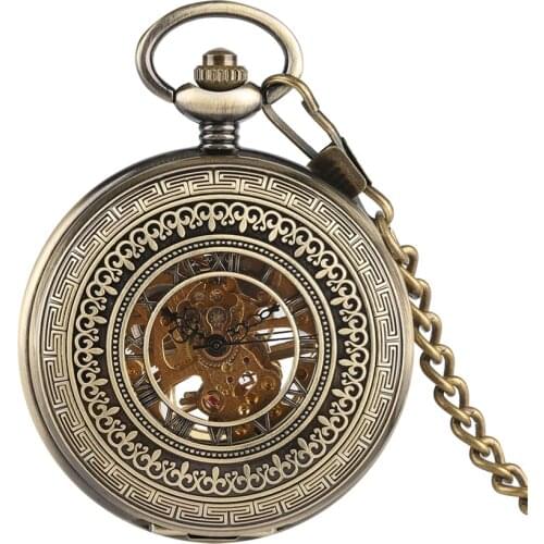 Exquisite Hollow Half Hunter Bronze Mechanical Hand Winding Pocket Watch Roman Numerals Display Pendant Pocket Clock Gifts Male