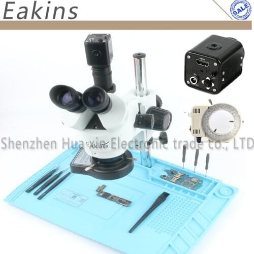 1080P HDMI Digital Camera 7-45X Simul-Focal Trinocular Stereo Microscope LED Adjustable Light Source Phone Repair